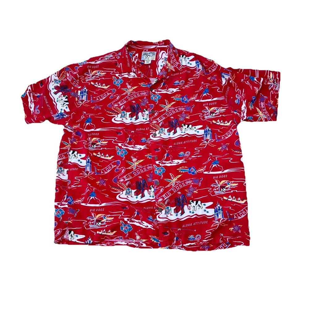 Big Dogs Shirt Mens L Button up Hawaiian Aloha Surf AOP Loop Camp Collar Vtg Y2K